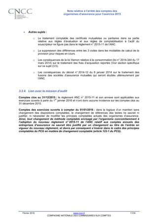 Note relative à l’arrêté des comptes des
organismes d’assurance pour l’exercice 2015
Février 2016 www.cncc.fr 11/34
COMPAGNIE NATIONALE DES COMMISSAIRES AUX COMPTES
 Autres sujets :
o Le traitement comptable des certificats mutualistes ou paritaires dans sa partie
relative aux règles d’évaluation et aux règles de comptabilisation à l’actif du
souscripteur ne figure pas dans le règlement n° 2015-11 de l’ANC.
o La suppression des différences entre les 3 codes dans les modalités de calcul de la
provision pour risques en cours.
o Les conséquences de la loi Hamon relative à la consommation (loi n° 2014-344 du 17
mars 2014) sur le traitement des frais d’acquisition reportés (Voir section spécifique
sur ce sujet (3.5).
o Les conséquences du décret n° 2014-12 du 8 janvier 2014 sur le traitement des
fusions des sociétés d’assurance mutuelles qui seront étudiés ultérieurement par
l’ANC.
3.2.4. Lien avec la mission d’audit
Comptes clos au 31/12/2015 : le règlement ANC n° 2015-11 et son annexe sont applicables aux
exercices ouverts à partir du 1
er
janvier 2016 et n’ont donc aucune incidence sur les comptes clos au
31 décembre 2015.
Comptes des exercices ouverts à compter du 01/01/2016 : dans la logique d’un maintien sans
changement des dispositions comptables, le changement de références des textes ne saurait ni
justifier, ni nécessiter de modifier les principes comptables actuels des organismes d’assurance.
Ainsi, tout changement de méthode comptable envisagé par l’organisme concomitamment à
l’adoption du nouveau règlement n° 2015-11 de l’ANC relatif aux comptes annuels des
entreprises d’assurance ne saurait être justifié par un changement au titre de l’entrée en
vigueur du nouveau règlement, et devra par conséquent s’insérer dans le cadre des principes
comptables du PCG en matière de changement comptable (article 122-1 du PCG).
 
