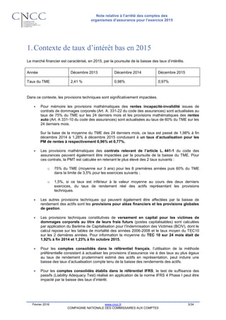 Note relative à l’arrêté des comptes des
organismes d’assurance pour l’exercice 2015
Février 2016 www.cncc.fr 3/34
COMPAGNIE NATIONALE DES COMMISSAIRES AUX COMPTES
1.Contexte de taux d’intérêt bas en 2015
Le marché financier est caractérisé, en 2015, par la poursuite de la baisse des taux d’intérêts.
Année Décembre 2013 Décembre 2014 Décembre 2015
Taux du TME 2,41 % 0,98% 0,97%
Dans ce contexte, les provisions techniques sont significativement impactées.
 Pour mémoire les provisions mathématiques des rentes incapacité-invalidité issues de
contrats de dommages corporels (Art. A. 331-22 du code des assurances) sont actualisées au
taux de 75% du TME sur les 24 derniers mois et les provisions mathématiques des rentes
auto (Art. A 331-10 du code des assurances) sont actualisées au taux de 60% du TME sur les
24 derniers mois.
Sur la base de la moyenne du TME des 24 derniers mois, ce taux est passé de 1,98% à fin
décembre 2014 à 1,28% à décembre 2015 conduisant à un taux d’actualisation pour les
PM de rentes à respectivement 0,96% et 0,77%.
 Les provisions mathématiques des contrats relevant de l’article L. 441-1 du code des
assurances peuvent également être impactées par la poursuite de la baisse du TME. Pour
ces contrats, la PMT est calculée en retenant le plus élevé des 2 taux suivants :
o 75% du TME (moyenne sur 3 ans) pour les 8 premières années puis 60% du TME
dans la limite de 3,5% pour les exercices suivants ;
o 1,5%, si ce taux est inférieur à la valeur moyenne au cours des deux derniers
exercices, du taux de rendement réel des actifs représentant les provisions
techniques.
 Les autres provisions techniques qui peuvent également être affectées par la baisse de
rendement des actifs sont les provisions pour aléas financiers et les provisions globales
de gestion.
 Les provisions techniques constitutives de versement en capital pour les victimes de
dommages corporels au titre de leurs frais futurs (postes capitalisables) sont calculées
par application du Barème de Capitalisation pour l’Indemnisation des Victimes (BCIV), dont le
calcul repose sur les tables de mortalité des années 2006-2008 et le taux moyen du TEC10
sur les 2 dernières années. Pour information la moyenne du TEC 10 sur 24 mois était de
1,92% à fin 2014 et 1,23% à fin octobre 2015.
 Pour les comptes consolidés dans le référentiel français, l’utilisation de la méthode
préférentielle consistant à actualiser les provisions d’assurance vie à des taux au plus égaux
au taux de rendement prudemment estimé des actifs en représentation, peut induire une
baisse des taux d’actualisation compte tenu de la baisse des rendements des actifs.
 Pour les comptes consolidés établis dans le référentiel IFRS, le test de suffisance des
passifs (Liability Adequacy Test) réalisé en application de la norme IFRS 4 Phase I peut être
impacté par la baisse des taux d’intérêt.
 