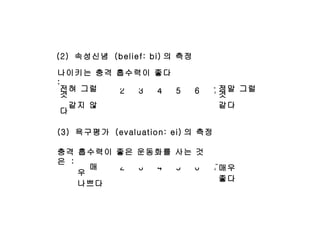 (2)  속성신념  (belief: bi) 의 측정 (3)  욕구평가  (evaluation: ei) 의 측정 1  2  3  4  5  6  7 나이키는 충격 흡수력이 좋다  : 전혀 그럴것 같지 않다 정말 그럴것 같다 1  2  3  4  5  6  7 충격 흡수력이 좋은 운동화를 사는 것은  : 매우 나쁘다 매우 좋다 