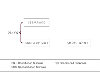 pairing CR ( 땀 ,  숨가쁨 ) UCS ( 괴로운 모습 ) CS ( 부저소리 ) CS  : Conditioned Stimulus  CR: Conditioned Response UCS: Unconditioned Stimulus 