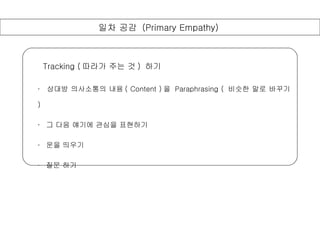 일차 공감  (Primary Empathy)  ·   상대방 의사소통의 내용 ( Content ) 을  Paraphrasing (  비슷한 말로 바꾸기  ) ·   그 다음 얘기에 관심을 표현하기 ·   운을 띄우기  ·   질문 하기 Tracking ( 따라가 주는 것 )  하기 