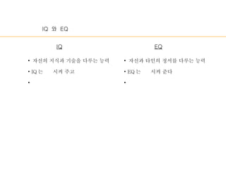 IQ  와  EQ 자신의 지식과 기술을 다루는 능력 자신과 타인의 정서를 다루는 능력 EQ IQ IQ 는  시켜 주고 EQ 는  시켜 준다 