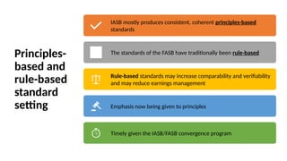Principles-
based and
rule-based
standard
setting
IASB mostly produces consistent, coherent principles-based
standards
The standards of the FASB have traditionally been rule-based
Rule-based standards may increase comparability and verifiability
and may reduce earnings management
Emphasis now being given to principles
Timely given the IASB/FASB convergence program
 