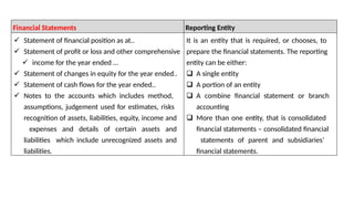 Financial Statements Reporting Entity
 Statement of financial position as at..
 Statement of profit or loss and other comprehensive
 income for the year ended …
 Statement of changes in equity for the year ended..
 Statement of cash flows for the year ended..
 Notes to the accounts which includes method,
assumptions, judgement used for estimates, risks
recognition of assets, liabilities, equity, income and
expenses and details of certain assets and
liabilities which include unrecognized assets and
liabilities.
It is an entity that is required, or chooses, to
prepare the financial statements. The reporting
entity can be either:
 A single entity
 A portion of an entity
 A combine financial statement or branch
accounting
 More than one entity, that is consolidated
financial statements – consolidated financial
statements of parent and subsidiaries’
financial statements.
 