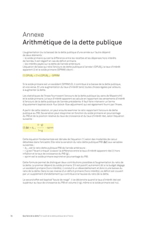 Annexe 
Arithmétique de la dette publique 
L’augmentation (ou la baisse) de la dette publique d’une année sur l’autre dépend 
de deux éléments : 
– le solde primaire qui est la différence entre les recettes et les dépenses hors intérêts 
de l’année. Il est négatif en cas de déficit primaire. 
– les intérêts payés sur la dette de l’année antérieure. 
L’équation de base qui relie l’encours de dette publique à l’année t (DPUBt), le taux d’intérêt 
apparent (i) et le solde primaire (SPRIM) s’écrit : 
(1) DPUBt = (1+i).DPUBt-1 - SPRIM 
Si le solde primaire est un excédent (SPRIM>0), il contribue à la baisse de la dette publique, 
et vice versa. Et une augmentation du taux d’intérêt tend, toutes choses égales par ailleurs, 
à augmenter la dette. 
Les statistiques de l’Insee fournissent l’encours de la dette publique (au sens de Maastricht) 
et le solde primaire. Le taux d’intérêt apparent se calcule en rapportant les versements d’intérêt 
à l’encours de la dette publique de l’année précédente. Il faut faire intervenir un terme 
d’ajustement baptisé stock-flux (stock-flow adjustment) qui est également fourni par l’Insee. 
A partir de cette relation, on peut ensuite examiner le ratio rapportant l’encours de dette 
publique au PIB. Sa variation peut s’exprimer en fonction du solde primaire en pourcentage 
du PIB et de la position relative du taux de croissance et du taux d’intérêt réel, selon l’équation 
suivante : 
(r - g) 
(2) Δd = dt-1 - sprim 
1+ g 
Cette équation fondamentale est dérivée de l’équation (1) selon des modalités de calcul 
détaillées dans l’encadré. Elle relie la variation du ratio dette publique/PIB (Δd) aux variables 
suivantes : 
– dt-1 est le ratio dette publique/PIB de l’année antérieure ; 
– r-g est l’“écart critique”, à savoir la différence entre le taux d’intérêt apparent réel (r) hors 
inflation et le taux de croissance du PIB (g) ; 
– sprim est le solde primaire exprimé en pourcentage du PIB. 
Cette formule permet de distinguer deux contributions possibles à l’augmentation du ratio de 
la dette. Le premier dépend du solde primaire. S’il est positif, autrement dit si le budget dégage 
un excédent primaire (hors intérêts), il conduit à un désendettement et donc à une baisse du 
ratio de la dette. Dans le cas inverse d’un déficit primaire (hors intérêts), ce déficit est couvert 
par un supplément d’endettement qui contribue à la hausse du ratio de la dette. 
Le second effet est baptisé “boule de neige” : il se déclenche quand le taux d’intérêt réel est 
supérieur au taux de croissance du PIB en volume (r>g), même si le solde primaire est nul. 
34 Que faire de la dette ? Un audit de la dette publique de la France 
 