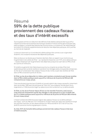 Résumé 
59% de la dette publique 
proviennent des cadeaux fiscaux 
et des taux d’intérêt excessifs 
Tout se passe comme si la réduction des déficits et des dettes publiques était aujourd’hui 
l’objectif prioritaire de la politique économique menée en France comme dans la plupart des 
pays européens. La baisse des salaires des fonctionnaires, ou le pacte dit “de responsabilité” 
qui prévoit 50 milliards supplémentaires de réduction des dépenses publiques, sont justifiés 
au nom de cet impératif. 
Le discours dominant sur la montée de la dette publique fait comme si son origine était 
évidente: une croissance excessive des dépenses publiques. 
Mais ce discours ne résiste pas à l’examen des faits. Dans ce rapport nous montrons que 
l’augmentation de la dette de l’Etat – qui représente l’essentiel, soit 79 %, de la dette publique 
– ne peut s’expliquer par l’augmentation des dépenses puisque leur part dans le PIB a chuté 
de 2 points en trente ans. 
Si la dette a augmenté c’est d’abord parce que tout au long de ces années l’Etat s’est 
systématiquement privé de recettes en exonérant les ménages aisés et les grandes entreprises : 
du fait de la multiplication des cadeaux fiscaux et des niches, la part des recettes de l’Etat 
dans le PIB a chuté de 5 points en 30 ans. 
Si l’Etat, au lieu de se dépouiller lui-même, avait maintenu constante la part de ses recettes 
dans le PIB, la dette publique serait aujourd’hui inférieure de 24 points de PIB (soit 488 
milliards €) à son niveau actuel. 
C’est ensuite parce que les taux d’intérêt ont souvent atteint des niveaux excessifs, notamment 
dans les années 1990 avec les politiques de “franc fort” pour préparer l’entrée dans l’euro, 
engendrant un “effet boule de neige” qui pèse encore très lourdement sur la dette actuelle. 
Si l’Etat, au lieu de se financer depuis 30 ans sur les marchés financiers, avait recouru 
à des emprunts directement auprès des ménages ou des banques à un taux d’intérêt réel 
de 2 %, la dette publique serait aujourd’hui inférieure de 29 points de PIB (soit 589 milliards 
€) à son niveau actuel. 
L’impact combiné de l’effet boule de neige et des cadeaux fiscaux sur la dette publique 
est majeur : 53 % du PIB (soit 1077 milliards €). Si l’Etat n’avait pas réduit ses recettes et choyé 
les marchés financiers, le ratio dette publique sur PIB aurait été en 2012 de 43 % au lieu 
de 90 % comme le montre le graphique ci-contre. 
Au total, 59 % de l’actuelle dette publique proviennent des cadeaux fiscaux et des taux 
d’intérêt excessifs. 
Que faire de la dette ? Un audit de la dette publique de la France 3 
 