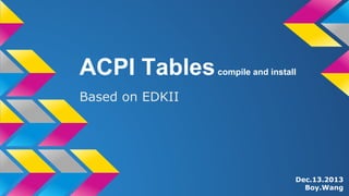 ACPI Tablescompile and install
Based on EDKII
Dec.13.2013
Boy.Wang
 
