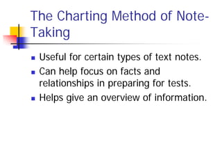The Charting Method of Note-
Taking
   Useful for certain types of text notes.
   Can help focus on facts and
    relationships in preparing for tests.
   Helps give an overview of information.
 