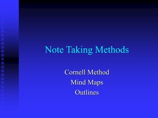 Note Taking Methods
Cornell Method
Mind Maps
Outlines
 