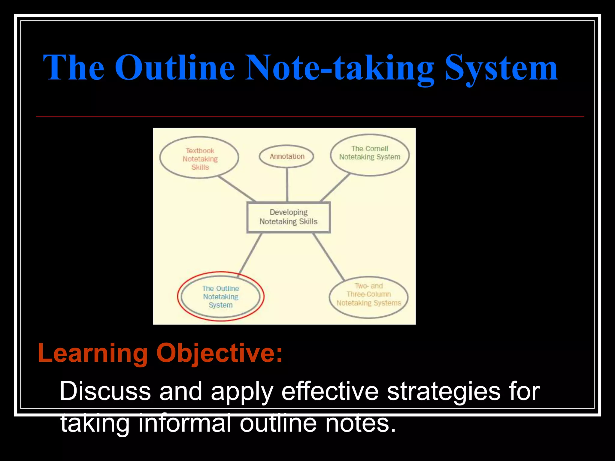 The Outline Note-taking System
Learning Objective:
Discuss and apply effective strategies for
taking informal outline notes.
 