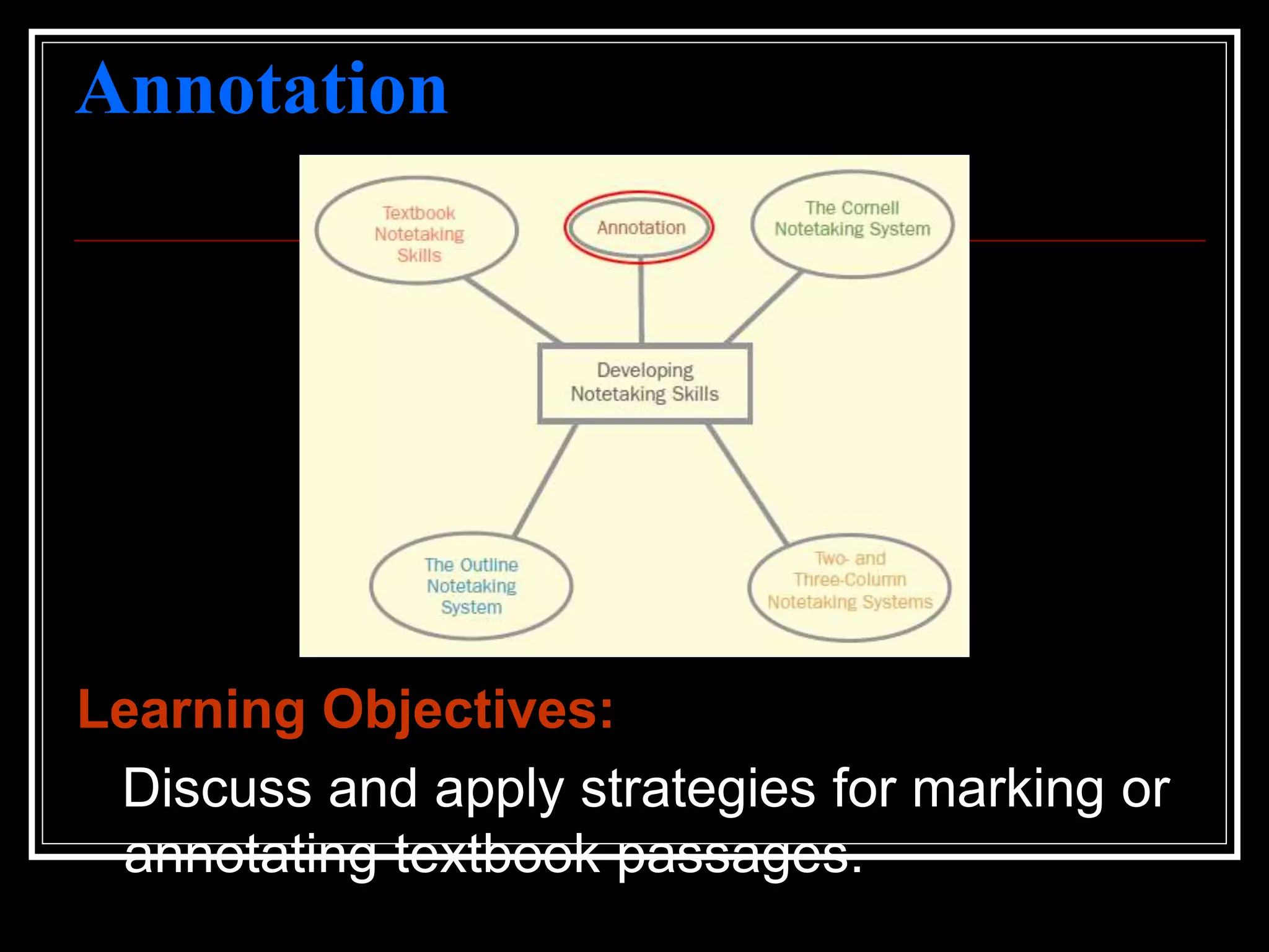 Annotation
Learning Objectives:
Discuss and apply strategies for marking or
annotating textbook passages.
 