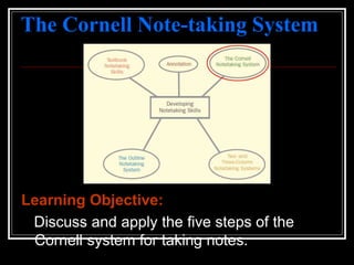 The Cornell Note-taking System
Learning Objective:
Discuss and apply the five steps of the
Cornell system for taking notes.
 