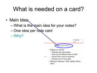 What is needed on a card? Main Idea What is the main idea for your notes? One idea per note card Why? 