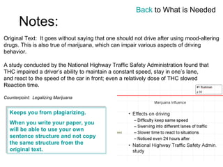 Original Text:  It goes without saying that one should not drive after using mood-altering  drugs. This is also true of marijuana, which can impair various aspects of driving behavior.  A study conducted by the National Highway Traffic Safety Administration found that  THC impaired a driver’s ability to maintain a constant speed, stay in one’s lane, and react to the speed of the car in front; even a relatively dose of THC slowed  Reaction time.  Counterpoint:  Legalizing Marijuana Notes:   Keeps you from plagiarizing. When you write your paper, you will be able to use your own sentence structure and not copy the same structure from the original text.  Back  to What is Needed 
