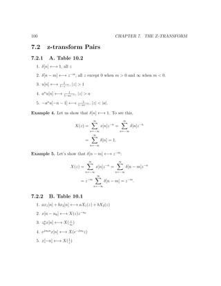 100 CHAPTER 7. THE Z-TRANSFORM
7.2 z-transform Pairs
7.2.1 A. Table 10.2
1. δ[n] ←→ 1, all z
2. δ[n − m] ←→ z−m
, all z except 0 when m > 0 and ∞ when m < 0.
3. u[n] ←→ 1
1−z−1 , |z| > 1
4. an
u[n] ←→ 1
1−az−1 , |z| > a
5. −an
u[−n − 1] ←→ 1
1−az−1 , |z| < |a|.
Example 4. Let us show that δ[n] ←→ 1. To see this,
X(z) =
∞
n=−∞
x[n]z−n
=
∞
n=−∞
δ[n]z−n
=
∞
n=−∞
δ[n] = 1.
Example 5. Let’s show that δ[n − m] ←→ z−m
:
X(z) =
∞
n=−∞
x[n]z−n
=
∞
n=−∞
δ[n − m]z−n
= z−m
∞
n=−∞
δ[n − m] = z−m
.
7.2.2 B. Table 10.1
1. ax1[n] + bx2[n] ←→ aX1(z) + bX2(z)
2. x[n − n0] ←→ X(z)z−n0
3. zn
0 x[n] ←→ X( z
z0
)
4. ejw0n
x[n] ←→ X(e−jw0
z)
5. x[−n] ←→ X(1
z
)
 