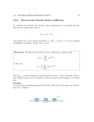 3.2. FOURIER SERIES REPRESENTATION 51
3.2.2 Discrete-time Fourier Series coeﬃcients
To construct the discrete-time Fourier series representation, we consider periodic
discrete-time signal with period N
x[n] = x[n + N],
and assume that x[n] is square-summable, i.e., ∞
n=−∞ |x[n]|2
< ∞, or x[n] satisﬁes
the Dirichlet conditions. In this case, we have
Theorem 9. The discrete-time Fourier series coeﬃcients ak of the signal
x[n] =
∞
k=−∞
akejkΩ0n
,
is given by
ak =
1
N
n= N
x[n]e−jkΩ0n
.
Here, n= N means summing the signal within a period N. Since a periodic discrete-
time signals repeats every N samples, it does not matter which sample to be picked
ﬁrst.
Example.
Let us consider the following signal shown below. We want to determine the discrete-
time F.S. coeﬃcient.
 