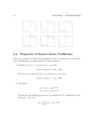 54 CHAPTER 3. FOURIER SERIES
3.3 Properties of Fourier Series Coeﬃcients
There are a number of Fourier series properties that we encourage you to read the
text. The following is a quick summary of these properties.
1. Linearity: If x1(t) ←→ ak and x2(t) ←→ bk, then
Ax1(t) + Bx2(t) ←→ Aak + Bbk.
For DT case, we have if x1[n] ←→ ak and x2[n] ←→ bk, then
Ax1[n] + Bx2[n] ←→ Aak + Bbk.
2. Time Shift:
x(t − t0) ←→ ake−jkω0t0
x[n − n0] ←→ ake−jkΩ0n0
To show the time shifting property, let us consider the F.S. coeﬃcient bk of the
signal y(t) = x(t − t0).
bk =
1
T T
x(t − t0)e−jω0t
dt.
 