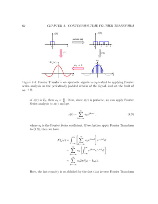 62 CHAPTER 4. CONTINUOUS-TIME FOURIER TRANSFORM
Figure 4.4: Fourier Transform on aperiodic signals is equivalent to applying Fourier
series analysis on the periodically padded version of the signal, and set the limit of
ω0 → 0.
of x(t) is T0, then ω0 = 2π
T0
. Now, since x(t) is periodic, we can apply Fourier
Series analysis to x(t) and get
x(t) =
∞
k=−∞
akejkω0t
, (4.9)
where ak is the Fourier Series coeﬃcient. If we further apply Fourier Transform
to (4.9), then we have
X(jω) =
∞
−∞
∞
k=−∞
akejkω0t
e−jωt
dt
=
∞
k=−∞
ak
∞
−∞
ejkω0t
e−jωt
dt
=
∞
k=−∞
ak2πδ(ω − kω0).
Here, the last equality is established by the fact that inverse Fourier Transform
 