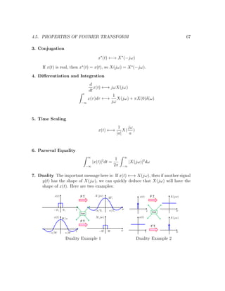 4.5. PROPERTIES OF FOURIER TRANSFORM 67
3. Conjugation
x∗
(t) ←→ X∗
(−jω)
If x(t) is real, then x∗
(t) = x(t), so X(jω) = X∗
(−jω).
4. Diﬀerentiation and Integration
d
dt
x(t) ←→ jωX(jω)
t
−∞
x(τ)dτ ←→
1
jω
X(jω) + πX(0)δ(ω)
5. Time Scaling
x(t) ←→
1
|a|
X(
jω
a
)
6. Parseval Equality
∞
−∞
|x(t)|2
dt =
1
2π
∞
−∞
|X(jω)|2
dω
7. Duality The important message here is: If x(t) ←→ X(jω), then if another signal
y(t) has the shape of X(jω), we can quickly deduce that X(jω) will have the
shape of x(t). Here are two examples:
Duality Example 1 Duality Example 2
 