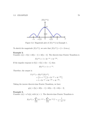 5.5. EXAMPLES 79
Figure 5.2: Magnitude plot of |X(ejω
)| in Example 1.
To sketch the magnitude |X(ejω
)|, we note that |X(ejω
)| = |1 + 2 cos ω|.
Example 2.
Consider x[n] = δ[n] + 2δ[n − 1] + 4δ[n − 2]. The discrete-time Fourier Transform is
X(ejω
) = 1 + 2e−jω
+ 4e−j4ω
.
If the impulse response is h[n] = δ[n] + δ[n − 1], then
H(ejω
) = 1 + e−jω
.
Therefore, the output is
Y (ejω
) = H(ejω
)X(ejω
)
= 1 + e−jω
1 + 2e−jω
+ 4e−j2ω
= 1 + 3e−jω
+ 6e−j2ω
+ 4e−j3ω
.
Taking the inverse discrete-time Fourier Transform, we have
y[n] = δ[n] + 3δ[n − 1] + 6δ[n − 2] + 4δ[n − 3].
Example 3.
Consider x[n] = an
u[n], with |a| < 1. The discrete-time Fourier Transform is
X(ejω
) =
∞
n=0
an
e−jωn
=
∞
n=0
(ae−jω
)n
=
1
1 − ae−jω
.
 