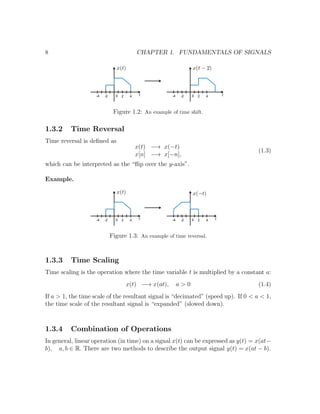 8 CHAPTER 1. FUNDAMENTALS OF SIGNALS
Figure 1.2: An example of time shift.
1.3.2 Time Reversal
Time reversal is deﬁned as
x(t) −→ x(−t)
x[n] −→ x[−n],
(1.3)
which can be interpreted as the “ﬂip over the y-axis”.
Example.
Figure 1.3: An example of time reversal.
1.3.3 Time Scaling
Time scaling is the operation where the time variable t is multiplied by a constant a:
x(t) −→ x(at), a > 0 (1.4)
If a > 1, the time scale of the resultant signal is “decimated” (speed up). If 0 < a < 1,
the time scale of the resultant signal is “expanded” (slowed down).
1.3.4 Combination of Operations
In general, linear operation (in time) on a signal x(t) can be expressed as y(t) = x(at−
b), a, b ∈ R. There are two methods to describe the output signal y(t) = x(at − b).
 