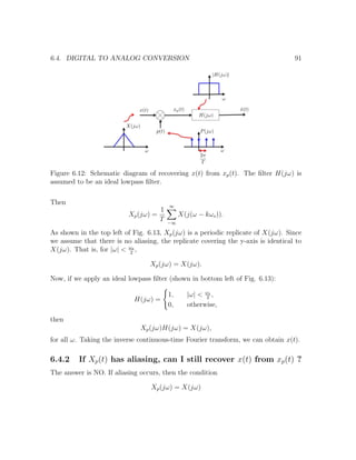 6.4. DIGITAL TO ANALOG CONVERSION 91
Figure 6.12: Schematic diagram of recovering x(t) from xp(t). The ﬁlter H(jω) is
assumed to be an ideal lowpass ﬁlter.
Then
Xp(jω) =
1
T
∞
−∞
X(j(ω − kωs)).
As shown in the top left of Fig. 6.13, Xp(jω) is a periodic replicate of X(jω). Since
we assume that there is no aliasing, the replicate covering the y-axis is identical to
X(jω). That is, for |ω| < ωs
2
,
Xp(jω) = X(jω).
Now, if we apply an ideal lowpass ﬁlter (shown in bottom left of Fig. 6.13):
H(jω) =
1, |ω| < ωs
2
,
0, otherwise,
then
Xp(jω)H(jω) = X(jω),
for all ω. Taking the inverse continuous-time Fourier transform, we can obtain x(t).
6.4.2 If Xp(t) has aliasing, can I still recover x(t) from xp(t) ?
The answer is NO. If aliasing occurs, then the condition
Xp(jω) = X(jω)
 