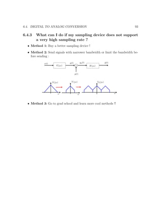 6.4. DIGITAL TO ANALOG CONVERSION 93
6.4.3 What can I do if my sampling device does not support
a very high sampling rate ?
• Method 1: Buy a better sampling device !
• Method 2: Send signals with narrower bandwidth or limit the bandwidth be-
fore sending :
• Method 3: Go to grad school and learn more cool methods !!
 