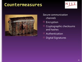 Secure communication channels Encryption Cryptographic checksums and hashes Authentication Digital Signatures 