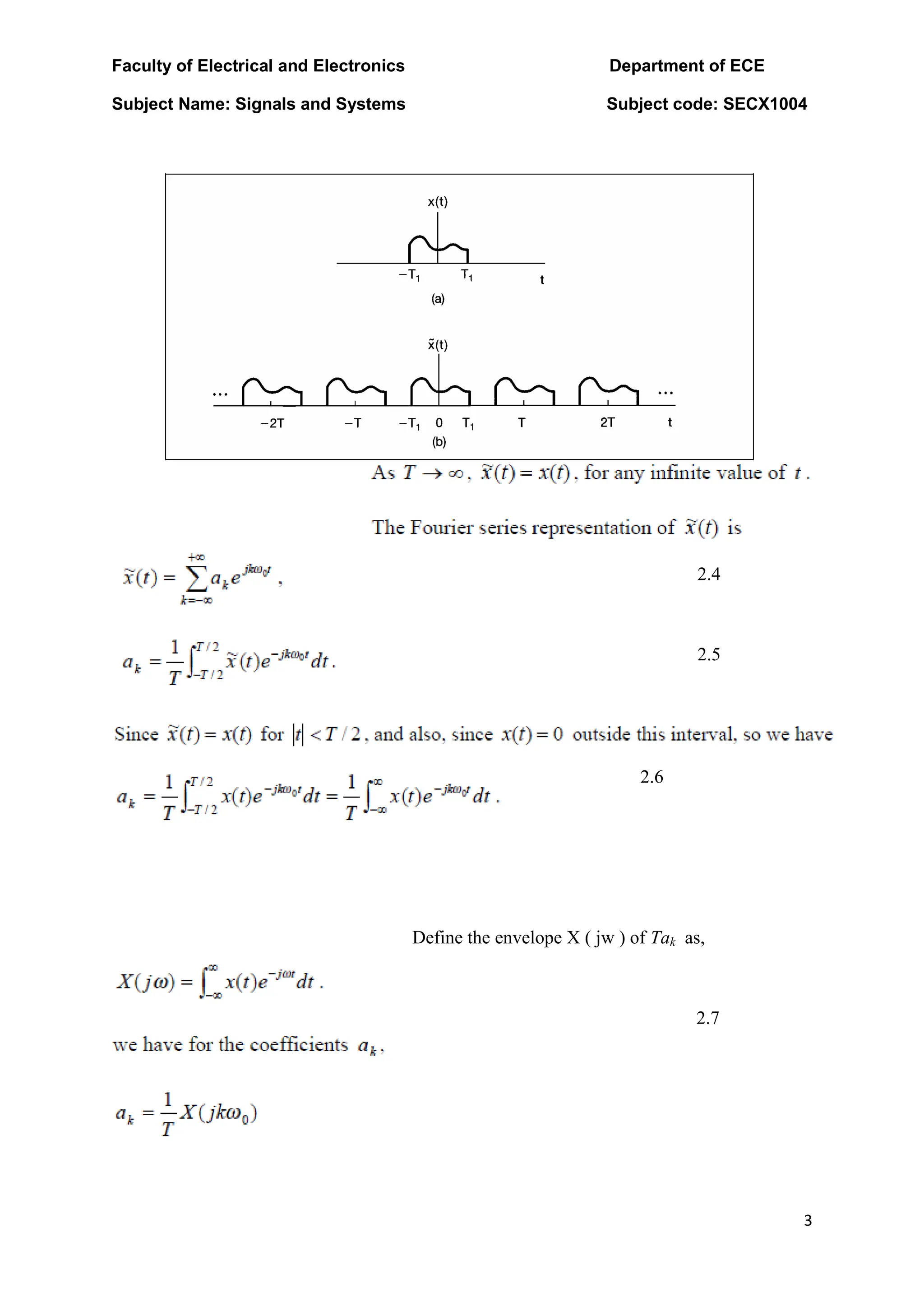 Faculty of Electrical and Electronics Department of ECE
Subject Name: Signals and Systems Subject code: SECX1004
3
2.4
2.5
2.6
Define the envelope X ( jw ) of Tak as,
2.7
 