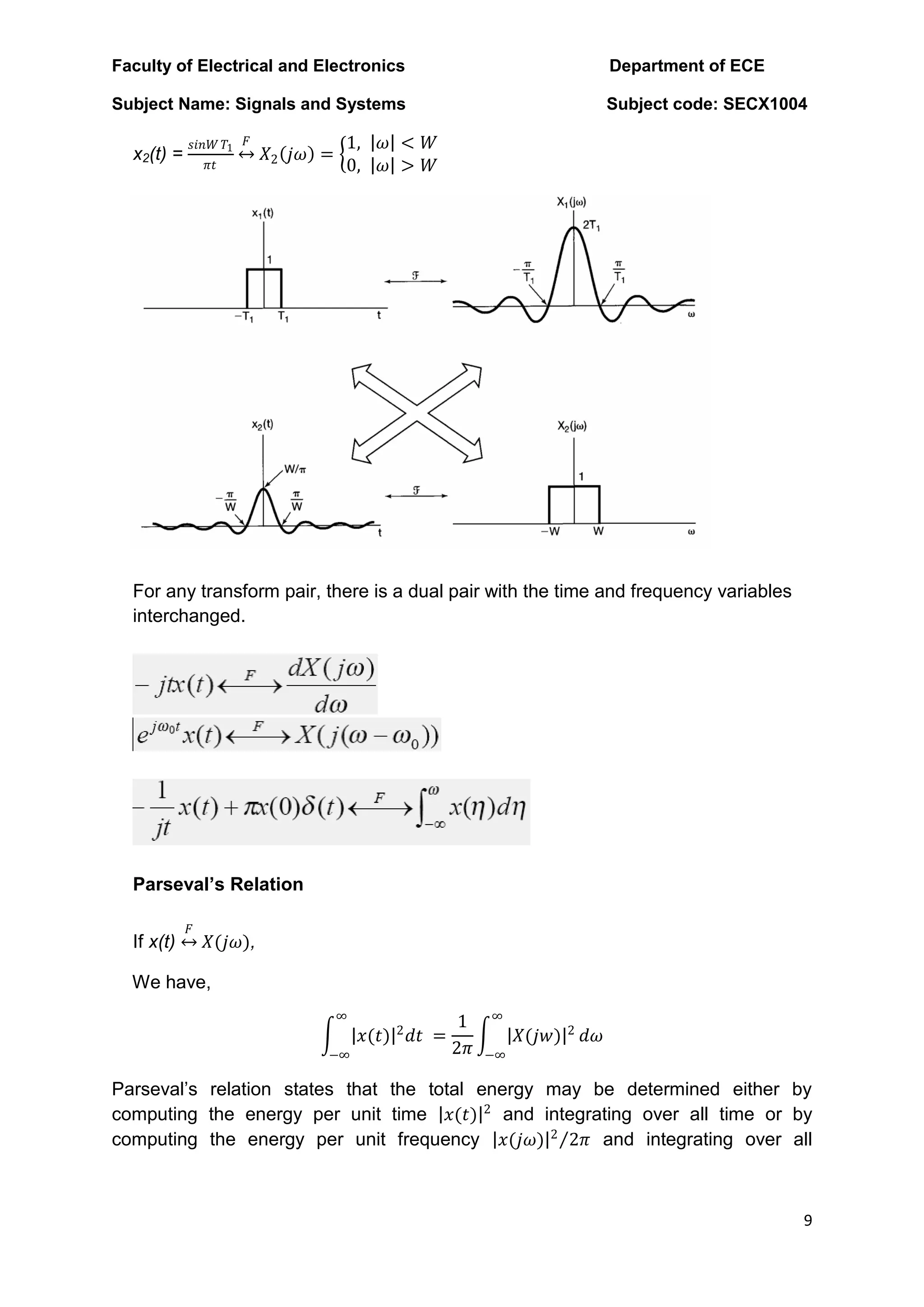 Faculty of Electrical and Electronics Department of ECE
Subject Name: Signals and Systems Subject code: SECX1004
9
x2(t) =
𝑠𝑖𝑛𝑊 𝑇1
𝜋𝑡
𝐹
𝑋2 𝑗𝜔 =
1, 𝜔 < 𝑊
0, 𝜔 > 𝑊
For any transform pair, there is a dual pair with the time and frequency variables
interchanged.
Parseval’s Relation
If x(t)
𝐹
𝑋(𝑗𝜔),
We have,
𝑥(𝑡) 2
𝑑𝑡 =
1
2𝜋
∞
−∞
𝑋(𝑗𝑤) 2
∞
−∞
𝑑𝜔
Parseval‟s relation states that the total energy may be determined either by
computing the energy per unit time 𝑥(𝑡) 2
and integrating over all time or by
computing the energy per unit frequency 𝑥(𝑗𝜔) 2
2𝜋 and integrating over all
 