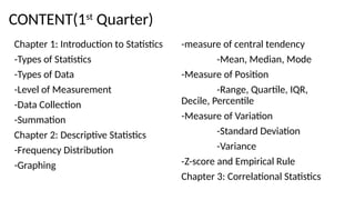 CONTENT(1st
Quarter)
Chapter 1: Introduction to Statistics
-Types of Statistics
-Types of Data
-Level of Measurement
-Data Collection
-Summation
Chapter 2: Descriptive Statistics
-Frequency Distribution
-Graphing
-measure of central tendency
-Mean, Median, Mode
-Measure of Position
-Range, Quartile, IQR,
Decile, Percentile
-Measure of Variation
-Standard Deviation
-Variance
-Z-score and Empirical Rule
Chapter 3: Correlational Statistics
 