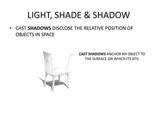 LIGHT, SHADE & SHADOW
• CAST SHADOWS DISCLOSE THE RELATIVE POSITION OF
OBJECTS IN SPACE

CAST SHADOWS ANCHOR AN OBJECT TO
...