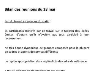 Bilan des réunions du 28 mai

ilan du travail en groupes du matin :


es participants motivés par ce travail sur le tableau des idées
émises, d’autant qu’ils n’avaient pas tous participé à leur
recensement


ne très bonne dynamique de groupes composés pour la plupart
de cadres et agents de services différents


ne rapide appropriation des cinq finalités du cadre de référence
 