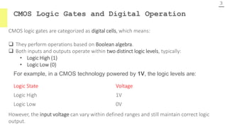 CMOS Logic Gates and Digital Operation
3
CMOS logic gates are categorized as digital cells, which means:
❑ They perform operations based on Boolean algebra.
❑ Both inputs and outputs operate within two distinct logic levels, typically:
• Logic High (1)
• Logic Low (0)
Logic State Voltage
Logic High 1V
Logic Low 0V
For example, in a CMOS technology powered by 1V, the logic levels are:
However, the input voltage can vary within defined ranges and still maintain correct logic
output.
 