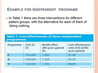 EXAMPLE FOR INDEPENDENT PROGRAMS
 In Table 1 there are three interventions for different
patient groups, with the alternative for each of them of
‘doing nothing.
11
 