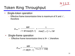 38
• Single-token operation
– Effective frame transmission time is maximum of X and t’ ,
therefore
Token Ring Throughput
ρmax = =
MX
t΄+ M(X+ t΄)
1
1+a΄(1 + 1/M)
ρmax = =
MX
t΄+ M max{(X,t΄}
1
max{1, a΄} + a΄/M
• Single-frame operation
– Effective frame transmission time is X+ t’ ,therefore
 