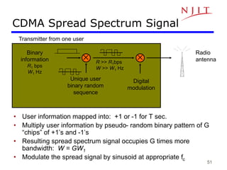 51

Binary
information
R1 bps
W1 Hz
Unique user
binary random
sequence
Digital
modulation
Radio
antenna
Transmitter from one user
R >> R1bps
W >> W1 Hz

CDMA Spread Spectrum Signal
• User information mapped into: +1 or -1 for T sec.
• Multiply user information by pseudo- random binary pattern of G
“chips” of +1’s and -1’s
• Resulting spread spectrum signal occupies G times more
bandwidth: W = GW1
• Modulate the spread signal by sinusoid at appropriate fc
 