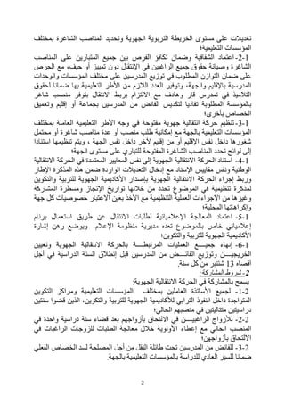‫ﺗﻌﺪﯾﻼت ﻋﻠﻰ ﻣﺴﺘﻮى اﻟﺨﺮﯾﻄﺔ اﻟﺘﺮﺑﻮﯾﺔ اﻟﺠﮭﻮﯾﺔ وﺗﺤﺪﯾﺪ اﻟﻤﻨﺎﺻﺐ اﻟﺸﺎﻏﺮة ﺑﻤﺨﺘﻠﻒ‬
                                                                 ‫اﻟﻤﺆﺳﺴﺎت اﻟﺘﻌﻠﯿﻤﯿﺔ؛‬
‫1-2- اﻋﺘﻤﺎد اﻟﺸﻔﺎﻓﯿﺔ وﺿﻤﺎن ﺗﻜﺎﻓﺆ اﻟﻔﺮص ﺑﯿﻦ ﺟﻤﯿﻊ اﻟﻤﺘﺒﺎرﯾﻦ ﻋﻠﻰ اﻟﻤﻨﺎﺻﺐ‬
‫اﻟﺸﺎﻏﺮة وﺻﯿﺎﻧﺔ ﺣﻘﻮق ﺟﻤﯿﻊ اﻟﺮاﻏﺒﯿﻦ ﻓﻲ اﻻﻧﺘﻘﺎل دون ﺗﻤﯿﯿﺰ أو ﺣﯿﻒ، ﻣﻊ اﻟﺤﺮص‬
‫ﻋﻠﻰ ﺿﻤﺎن اﻟﺘﻮازن اﻟﻤﻄﻠﻮب ﻓﻲ ﺗﻮزﯾﻊ اﻟﻤﺪرﺳﯿﻦ ﻋﻠﻰ ﻣﺨﺘﻠﻒ اﻟﻤﺆﺳﺴﺎت واﻟﻮﺣﺪات‬
‫اﻟﻤﺪرﺳﯿﺔ ﺑﺎﻹﻗﻠﯿﻢ واﻟﺠﮭﺔ، وﺗﻮﻓﯿﺮ اﻟﻌﺪد اﻟﻼزم ﻣﻦ اﻷﻃﺮ اﻟﺘﻌﻠﯿﻤﯿﺔ ﺑﮭﺎ ﺿﻤﺎﻧﺎ ﻟﺤﻘﻮق‬
‫اﻟﺘﻼﻣﯿﺬ ﻓﻲ ﺗﻤﺪرس ﻗﺎر وھﺎدف ﻣﻊ اﻻﻟﺘﺰام ﺑﺮﺑﻂ اﻻﻧﺘﻘﺎل ﺑﺘﻮﻓﺮ ﻣﻨﺼﺐ ﺷﺎﻏﺮ‬
‫ﺑﺎﻟﻤﺆﺳﺴﺔ اﻟﻤﻄﻠﻮﺑﺔ ﺗﻔﺎدﯾﺎ ﻟﺘﻜﺪﯾﺲ اﻟﻔﺎﺋﺾ ﻣﻦ اﻟﻤﺪرﺳﯿﻦ ﺑﺠﻤﺎﻋﺔ أو إﻗﻠﯿﻢ وﺗﻌﻤﯿﻖ‬
                                                                   ‫اﻟﺨﺼﺎص ﺑﺄﺧﺮى؛‬
‫1-3- ﺗﻨﻈﯿﻢ ﺣﺮﻛﺔ اﻧﺘﻘﺎﻟﯿﺔ ﺟﮭﻮﯾﺔ ﻣﻔﺘﻮﺣﺔ ﻓﻲ وﺟﮫ اﻷﻃﺮ اﻟﺘﻌﻠﯿﻤﯿﺔ اﻟﻌﺎﻣﻠﺔ ﺑﻤﺨﺘﻠﻒ‬
‫اﻟﻤﺆﺳﺴﺎت اﻟﺘﻌﻠﯿﻤﯿﺔ ﺑﺎﻟﺠﮭﺔ ﻣﻊ إﻣﻜﺎﻧﯿﺔ ﻃﻠﺐ ﻣﻨﺼﺐ أو ﻋﺪة ﻣﻨﺎﺻﺐ ﺷﺎﻏﺮة أو ﻣﺤﺘﻤﻞ‬
‫ﺷﻐﻮرھﺎ داﺧﻞ ﻧﻔﺲ اﻹﻗﻠﯿﻢ أو ﻣﻦ إﻗﻠﯿﻢ ﻵﺧﺮ داﺧﻞ ﻧﻔﺲ اﻟﺠﮭﺔ ، وﯾﺘﻢ ﺗﻨﻈﯿﻤﮭﺎ اﺳﺘﻨﺎدا‬
               ‫إﻟﻰ ﻟﻮاﺋﺢ ﺗﺤﺪد اﻟﻤﻨﺎﺻﺐ اﻟﺸﺎﻏﺮة اﻟﻤﻔﺘﻮﺣﺔ ﻟﻠﺘﺒﺎري ﻋﻠﻰ ﻣﺴﺘﻮى اﻟﺠﮭﺔ؛‬
‫1-4- اﺳﺘﻨﺎد اﻟﺤﺮﻛﺔ اﻻﻧﺘﻘﺎﻟﯿﺔ اﻟﺠﮭﻮﯾﺔ إﻟﻰ ﻧﻔﺲ اﻟﻤﻌﺎﯾﯿﺮ اﻟﻤﻌﺘﻤﺪة ﻓﻲ اﻟﺤﺮﻛﺔ اﻻﻧﺘﻘﺎﻟﯿﺔ‬
‫اﻟﻮﻃﻨﯿﺔ وﻧﻔﺲ ﻣﻘﺎﯾﯿﺲ اﻹﺳﻨﺎد ﻣﻊ إدﺧﺎل اﻟﺘﻌﺪﯾﻼت اﻟﻮاردة ﺿﻤﻦ ھﺬه اﻟﻤﺬﻛﺮة اﻹﻃﺎر‬
‫ورﺑﻂ إﺟﺮاء اﻟﺤﺮﻛﺔ اﻻﻧﺘﻘﺎﻟﯿﺔ اﻟﺠﮭﻮﯾﺔ ﺑﺈﺻﺪار اﻷﻛﺎدﯾﻤﯿﺔ اﻟﺠﮭﻮﯾﺔ ﻟﻠﺘﺮﺑﯿﺔ واﻟﺘﻜﻮﯾﻦ‬
‫ﻟﻤﺬﻛﺮة ﺗﻨﻈﯿﻤﯿﺔ ﻓﻲ اﻟﻤﻮﺿﻮع ﺗﺤﺪد ﻣﻦ ﺧﻼﻟﮭﺎ ﺗﻮارﯾﺦ اﻹﻧﺠﺎز وﻣﺴﻄﺮة اﻟﻤﺸﺎرﻛﺔ‬
‫وﻏﯿﺮھﺎ ﻣﻦ اﻹﺟﺮاءات اﻟﻌﻤﻠﯿﺔ اﻟﺘﻨﻈﯿﻤﯿﺔ ﻣﻊ اﻷﺧﺬ ﺑﻌﯿﻦ اﻻﻋﺘﺒﺎر ﺧﺼﻮﺻﯿﺎت ﻛﻞ ﺟﮭﺔ‬
                                                                  ‫وإﻛﺮاھﺎﺗﮭﺎ اﻟﻤﺤﻠﯿﺔ؛‬
‫1-5- اﻋﺘﻤﺎد اﻟﻤﻌﺎﻟﺠﺔ اﻹﻋﻼﻣﯿﺎﺋﯿﺔ ﻟﻄﻠﺒﺎت اﻻﻧﺘﻘﺎل ﻋﻦ ﻃﺮﯾﻖ اﺳﺘﻌﻤﺎل ﺑﺮﻧﺎم‬
‫إﻋﻼﻣﯿﺎﺋﻲ ﺧﺎص ﺑﺎﻟﻤﻮﺿﻮع ﺗﻌﺪه ﻣﺪﯾﺮﯾﺔ ﻣﻨﻈﻮﻣﺔ اﻹﻋﻼم وﯾﻮﺿﻊ رھﻦ إﺷﺎرة‬
                                                 ‫اﻷﻛﺎدﯾﻤﯿﺔ اﻟﺠﮭﻮﯾﺔ ﻟﻠﺘﺮﺑﯿﺔ واﻟﺘﻜﻮﯾﻦ؛‬
‫1-6- إﻧﮭﺎء ﺟﻤﯿــــﻊ اﻟﻌﻤﻠﯿﺎت اﻟﻤﺮﺗﺒﻄــــﺔ ﺑﺎﻟﺤﺮﻛﺔ اﻻﻧﺘﻘﺎﻟﯿﺔ اﻟﺠﮭﻮﯾﺔ وﺗﻌﯿﯿﻦ‬
‫اﻟﺨﺮﯾﺠﯿــــﻦ وﺗﻮزﯾﻊ اﻟﻔﺎﺋــــﺾ ﻣﻦ اﻟﻤﺪرﺳﯿﻦ ﻗﺒﻞ إﻧﻄﻼق اﻟﺴﻨﺔ اﻟﺪراﺳﯿﺔ ﻓﻲ أﺟﻞ‬
                                                        ‫أﻗﺼﺎه 31 ﺷﺘﻨﺒﺮ ﻣﻦ ﻛﻞ ﺳﻨﺔ.‬
                                                                 ‫2- ﺷﺮوط اﻟﻤﺸﺎرﻛﺔ:‬
                                      ‫ﯾﺴﻤﺢ ﺑﺎﻟﻤﺸﺎرﻛﺔ ﻓﻲ اﻟﺤﺮﻛﺔ اﻻﻧﺘﻘﺎﻟﯿﺔ اﻟﺠﮭﻮﯾﺔ:‬
‫2-1- ﻟﺠﻤﯿﻊ اﻷﺳﺎﺗﺬة اﻟﻌﺎﻣﻠﯿﻦ ﺑﻤﺨﺘﻠﻒ اﻟﻤﺆﺳﺴﺎت اﻟﺘﻌﻠﯿﻤﯿﺔ وﻣﺮاﻛﺰ اﻟﺘﻜﻮﯾﻦ‬
‫اﻟﻤﺘﻮاﺟﺪة داﺧﻞ اﻟﻨﻔﻮذ اﻟﺘﺮاﺑﻲ ﻟﻸﻛﺎدﯾﻤﯿﺔ اﻟﺠﮭﻮﯾﺔ ﻟﻠﺘﺮﺑﯿﺔ واﻟﺘﻜﻮﯾﻦ، اﻟﺬﯾﻦ ﻗﻀﻮا ﺳﻨﺘﯿﻦ‬
                                               ‫دراﺳﯿﺘﯿﻦ ﻣﺘﺘﺎﻟﯿﺘﯿﻦ ﻓﻲ ﻣﻨﺼﺒﮭﻢ اﻟﺤﺎﻟﻲ؛‬
‫2-2- ﻟﻸزواج اﻟﺮاﻏﺒﯿــــﻦ ﻓﻲ اﻻﻟﺘﺤﺎق ﺑﺄزواﺟﮭﻢ ﺑﻌﺪ ﻗﻀﺎء ﺳﻨﺔ دراﺳﯿﺔ واﺣﺪة ﻓﻲ‬
‫اﻟﻤﻨﺼﺐ اﻟﺤﺎﻟﻲ ﻣﻊ إﻋﻄﺎء اﻷوﻟﻮﯾﺔ ﺧﻼل ﻣﻌﺎﻟﺠﺔ اﻟﻄﻠﺒﺎت ﻟﻠﺰوﺟﺎت اﻟﺮاﻏﺒﺎت ﻓﻲ‬
                                                                  ‫اﻻﻟﺘﺤﺎق ﺑﺄزواﺟﮭﻦ؛‬
‫2-3- ﻟﻠﻔﺎﺋﺾ ﻣﻦ اﻟﻤﺪرﺳﯿﻦ ﺗﺤﺖ ﻃﺎﺋﻠﺔ اﻟﻨﻘﻞ ﻣﻦ أﺟﻞ اﻟﻤﺼﻠﺤﺔ ﻟﺴﺪ اﻟﺨﺼﺎص اﻟﻔﻌﻠﻲ‬
                            ‫ﺿﻤﺎﻧﺎ ﻟﻠﺴﯿﺮ اﻟﻌﺎدي ﻟﻠﺪراﺳﺔ ﺑﺎﻟﻤﺆﺳﺴﺎت اﻟﺘﻌﻠﯿﻤﯿﺔ ﺑﺎﻟﺠﮭﺔ.‬


                                         ‫2‬
 