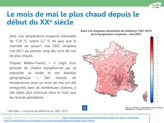 Le mois de mai le plus chaud depuis le
début du XXe siècle
Avec une température moyenne mensuelle
de 17,8 °C, soient 2,7 °...
