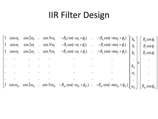 IIR Filter Design
0 0 0 0 0 0 0 0 0
1 1 1 1 1 1 1 1 1
2 2 2 2 2 2 2 2 2
1 cos cos2 . cos os( ) . cos( )
1 cos cos2 . cos cos( ) . cos( )
1 cos cos2 . cos cos( ) . cos( )
. . . . . . . .
. . . . . . . .
. . . . . . . .
. . . . . . . .
1 cos cos2 . cosM M M
N R c R m
N R R m
N R R m
N R
      
      
      
  
     
     
     
 cos( ) . cos( )M M M M M MR m   
 
 
 
 
 
 
 
 
 
 
 
      
0
1
2
1
.
.
N
m
h
h
h
h
a
a
 
 
 
 
 
 
 
 
 
 
 
  
0 0
1 1
2 2
cos
cos
cos
.
.
.
.
cosM M
R
R
R
R




 
 
 
 
 
 
 
 
 
 
 
  
 