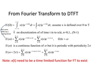 From Fourier Transform to DTFT
1 1
0 0
( ) ( ) ( ) ; assume x is defined over 0 to T
on discretization of of time t in to n t, n=0,1,..(N-1)
( ) ( ) ( ) ,
(
t
i t i t
t t
N N
i n t i n
n n
X x t e dt x t e dt
X x n e x n e t
X

 


   

 
     
 
  
 
   
 
 
1 1
( 2 )
0 0
) is a continous function of but it is periodic with periodicity 2
( 2 ) ( ) ( )
N N
i n i n
n n
X x n e x n e  
 
 
 
    
 
   
Not same.
Differ by a
scaling factor
Note: x(t) need to be a time limited function for FT to exist
 