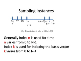 0
T0 t 3 t2 t1 t
 1N t 
 2N t 
Sampling Instances
t 
Discretization: t=n t, n=0,1,2,3...,N-1After 
Generally index n is used for time
n varies from 0 to N-1
Index k is used for indexing the basis vector
k varies from 0 to N-1
 