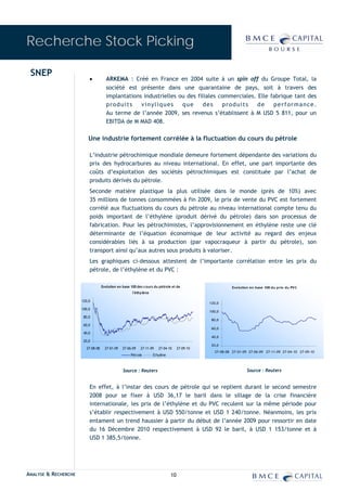 Recherche Stock Picking

 SNEP
                          •           ARKEMA : Créé en France en 2004 suite à un spin off du Groupe Total, la
                                      société est présente dans une quarantaine de pays, soit à travers des
                                      implantations industrielles ou des filiales commerciales. Elle fabrique tant des
                                      produits     vinyliques      que     des     produits     de    performance.
                                      Au terme de l’année 2009, ses revenus s’établissent à M USD 5 811, pour un
                                      EBITDA de M MAD 408.

                          Une industrie fortement corrélée à la fluctuation du cours du pétrole

                          L’industrie pétrochimique mondiale demeure fortement dépendante des variations du
                          prix des hydrocarbures au niveau international. En effet, une part importante des
                          coûts d’exploitation des sociétés pétrochimiques est constituée par l’achat de
                          produits dérivés du pétrole.
                          Seconde matière plastique la plus utilisée dans le monde (près de 10%) avec
                          35 millions de tonnes consommées à fin 2009, le prix de vente du PVC est fortement
                          corrélé aux fluctuations du cours du pétrole au niveau international compte tenu du
                          poids important de l’éthylène (produit dérivé du pétrole) dans son processus de
                          fabrication. Pour les pétrochimistes, l’approvisionnement en éthylène reste une clé
                          déterminante de l’équation économique de leur activité au regard des enjeux
                          considérables liés à sa production (par vapocraqueur à partir du pétrole), son
                          transport ainsi qu’aux autres sous produits à valoriser.
                          Les graphiques ci-dessous attestent de l’importante corrélation entre les prix du
                          pétrole, de l’éthylène et du PVC :

                                   Evolution en base 100 des c ours du pétrole et de                     Evolution en base 100 du prix du PV C
                                                      l'éthylène

                      120,0
                                                                                              120,0
                      100,0
                                                                                              100,0
                       80,0
                                                                                               80,0
                       60,0
                                                                                               60,0
                       40,0
                                                                                               40,0
                       20,0
                                                                                               20,0
                        27-08-08     27-01-09   27-06-09   27-11-09   27-04-10     27-09-10
                                                                                                27-08-08 27-01-09 27-06-09 27-11-09 27-04-10 27-09-10
                                                     Pétrole       Ethylène



                                                Source : Reuters                                                 Source : Reuters


                          En effet, à l’instar des cours de pétrole qui se replient durant le second semestre
                          2008 pour se fixer à USD 36,17 le baril dans le sillage de la crise financière
                          internationale, les prix de l’éthylène et du PVC reculent sur la même période pour
                          s’établir respectivement à USD 550/tonne et USD 1 240/tonne. Néanmoins, les prix
                          entament un trend haussier à partir du début de l’année 2009 pour ressortir en date
                          du 16 Décembre 2010 respectivement à USD 92 le baril, à USD 1 153/tonne et à
                          USD 1 385,5/tonne.




ANALYSE & RECHERCHE                                                           10
 