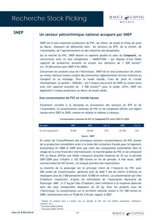 Recherche Stock Picking

 SNEP                 Un secteur pétrochimique national accaparé par SNEP

                      SNEP est le plus important producteur de PVC, de chlore, de soude et d’eau de javel
                      au Maroc, disposant de débouchés dans les secteurs du BTP, de la chimie, de
                      l’automobile, de l’agroalimentaire et des industries des phosphates.
                      Sur le marché du PVC, SNEP dessert le segment poudre et celui du Compound*, en
                      concurrence avec un seul compétiteur « MARATHON » qui dispose d’une faible
                      capacité de production annuelle se situant aux alentours de 1 200 tonnes**
                      (vs. 10 260 tonnes pour SNEP à fin 2009).
                      Concernant les produits issus de l’électrolyse, SNEP est le seul producteur de chlore
                      au niveau national tenant compte des contraintes réglementaires strictes relatives au
                      transport et au stockage. Pour la soude liquide, l’eau de javel et l’acide
                      chlorhydrique, la société « COELMA » est l’unique concurrent de SNEP au niveau local
                      avec une capacité annuelle de 2 500 tonnes*** pour la soude. Enfin, SNEP est
                      également l’unique producteur au Maroc de soude solide.

                      Une consommation de PVC en timide hausse

                      Fortement corrélée à la demande en provenance des secteurs du BTP et de
                      l’automobile, la consommation nationale de PVC et de compound affiche une légère
                      hausse entre 2007 et 2009, comme en atteste le tableau ci-dessous .

                                            Consommation nationale de PVC et Compound PVC entre 2007 et 2009


                      En tonne                          2007               2008             Var. %            2009           Var. %

                      Pvc & Compound Pvc               98 000             100 000            2,0%            102 000          2,0%

                                                                     Source : SNEP

                      En raison de l’essoufflement des principaux secteurs consommateurs de PVC (baisse
                      de la production immobilière suite à la levée des incitations fiscales pour le logement
                      économique en 2008 et 2009 ainsi que celle des composantes automobiles dans le
                      sillage de la crise financière internationale), le marché global du PVC et du compound
                      PVC au Maroc affiche une faible croissance annuelle moyenne de 2% sur la période
                      2007-2009 pour s’établir à 102 000 tonnes en fin de période. A elle seule, SNEP
                      commercialise 64 437 tonnes ; le reliquat provient des importations.
                      La branche de la plasturgie est le principal client de l’industrie du PVC avec
                      500 unités de transformation, générant près de MAD 7 Md de chiffre d’affaires et
                      employant plus de 3 500 personnes dont 10 000 en indirect. La consommation par tête
                      d’habitant ressortirait, d’après les estimations de l’Association Marocaine de
                      Plasturgie –AMP–, à 17 kg par tête d’habitant, bien inférieure à la moyenne observée
                      dans des pays comparables dépassant les 20 kg. Pour les produits issus de
                      l’électrolyse, la consommation sur le territoire national ressort à 121 308 tonnes en
                      2009, représentant ainsi un TCAM de 3,4% par rapport à 2007.

                      *
                          Désigne les produits prêts à l’emploi issus du mélange du PVC avec des additifs (plastifiants, stabilisants,
                      colorants, etc.)
                      **
                          Estimations BMCE CAPITAL
                      ***
                          Estimations BMCE CAPITAL
ANALYSE & RECHERCHE                                             11
 
