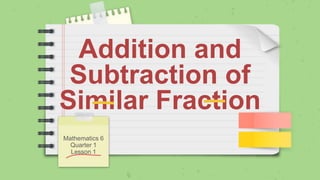 Addition and
Subtraction of
Similar Fraction
Mathematics 6
Quarter 1
Lesson 1
 