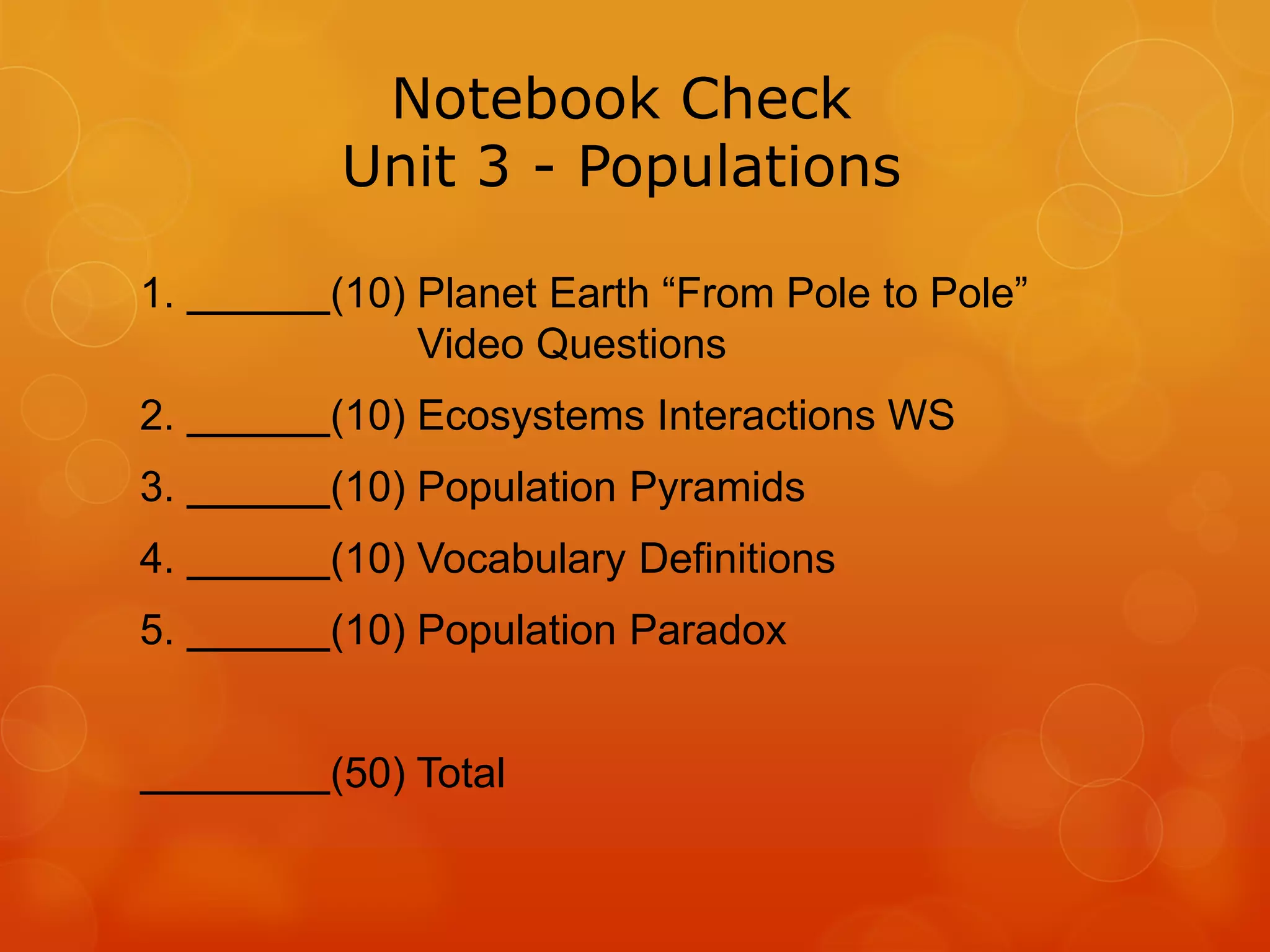 Notebook Check
Unit 3 - Populations
1. (10) Planet Earth “From Pole to Pole”
Video Questions
2. (10) Ecosystems Interactions WS
3. (10) Population Pyramids
4. (10) Vocabulary Definitions
5. (10) Population Paradox
(50) Total
