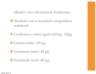 Mindi’s Very Structured Notebooks:
★Students use a standard composition
notebook
★Conference notes/goal setting: 20pg
★Lesson notes: 60 pg
★Grammar notes: 40 pg
★Notebook work: 80 pg
Tuesday, April 3, 12
 