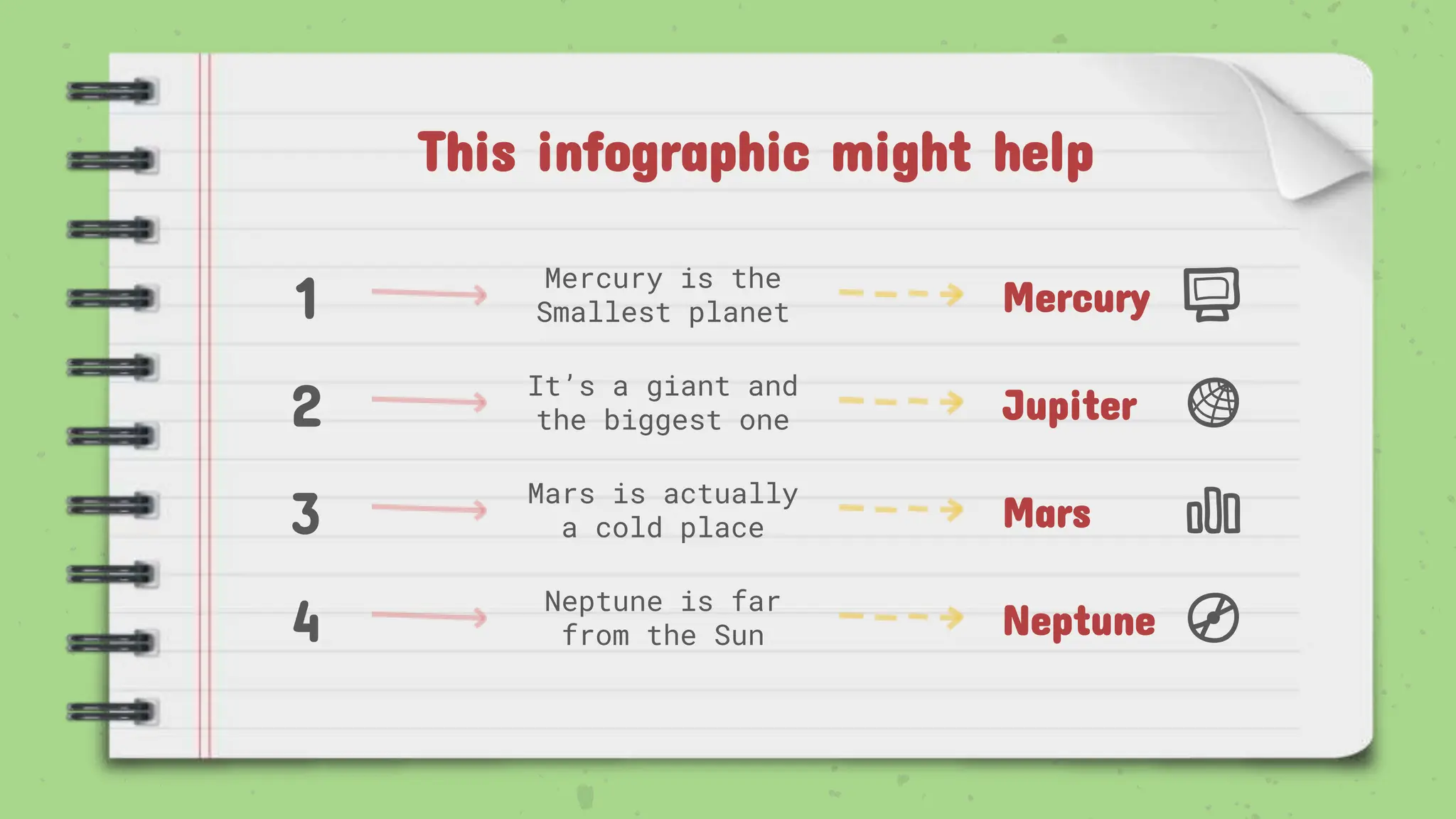 This infographic might help
1
2
3
4
Mercury is the
Smallest planet
Mars is actually
a cold place
It’s a giant and
the biggest one
Neptune is far
from the Sun
Mercury
Jupiter
Mars
Neptune
 