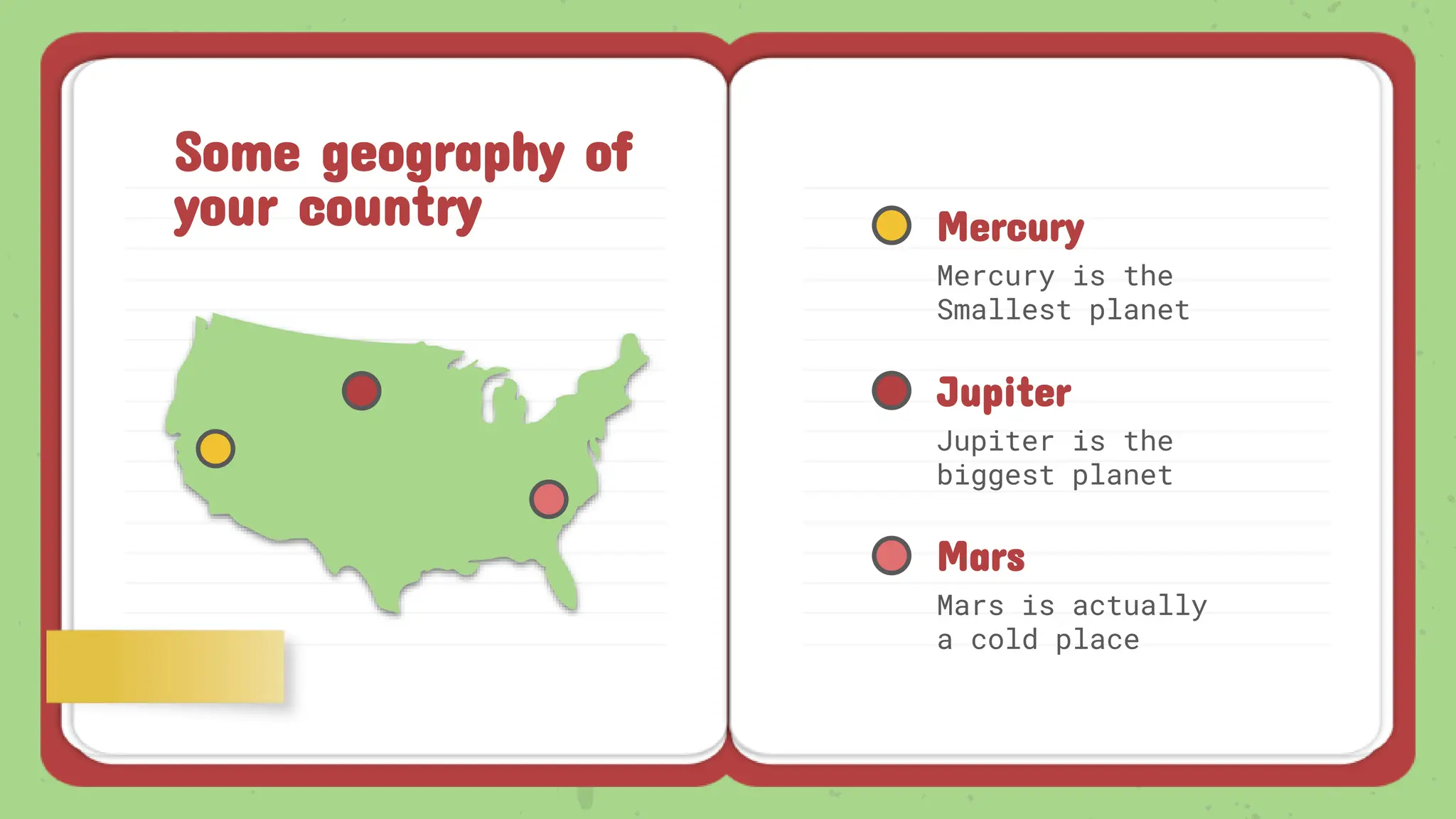 Some geography of
your country Mercury
Mercury is the
Smallest planet
Mars
Mars is actually
a cold place
Jupiter
Jupiter is the
biggest planet
 