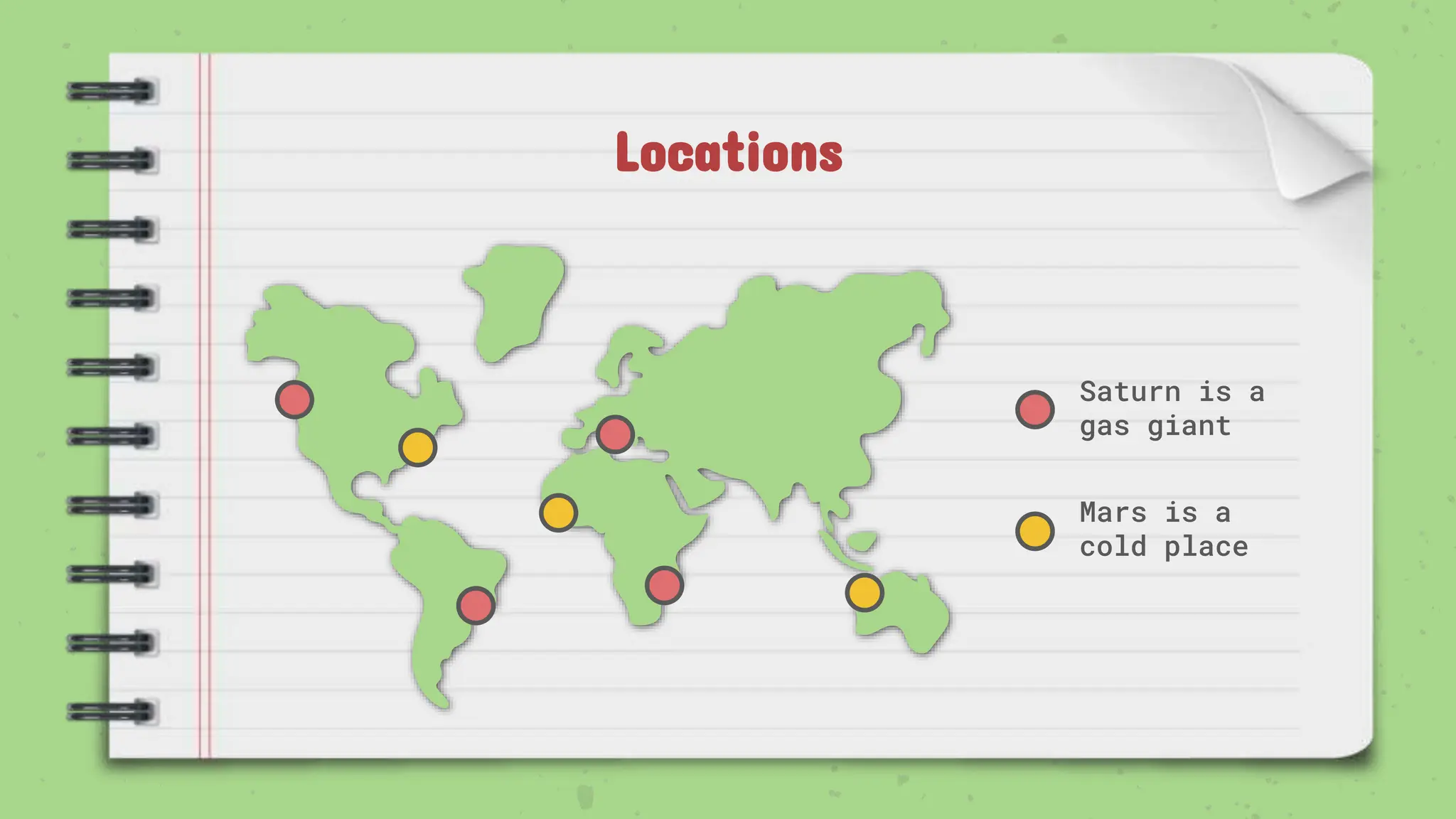 Locations
Mars is a
cold place
Saturn is a
gas giant
 